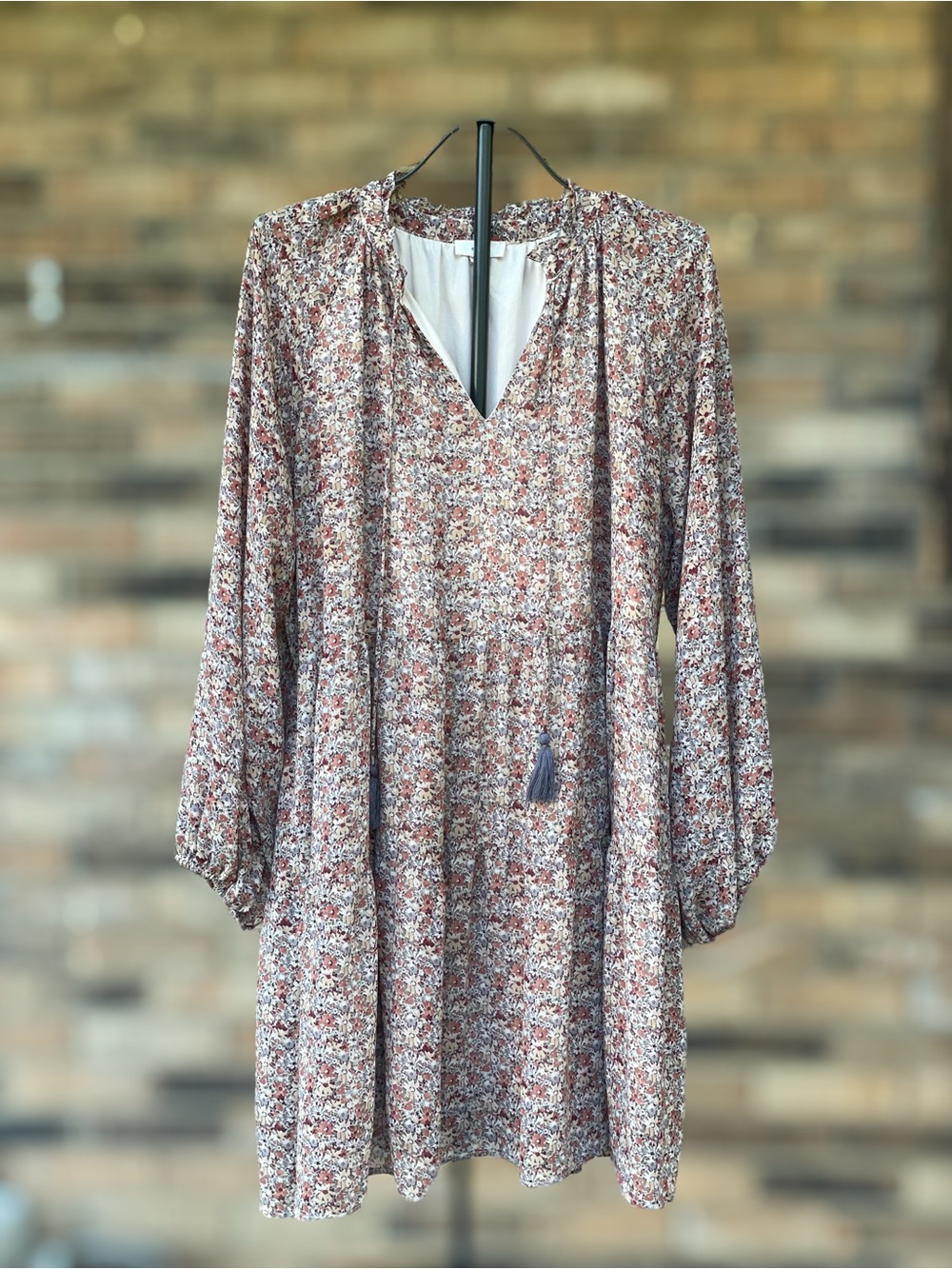 Entro 2X Floral Long Sleeve Boho Shift Dress Tassel Tie
